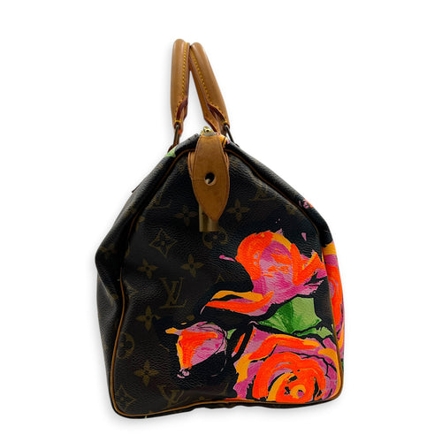 x Stephen Sprouses Roses Top Handle Bag 30 Brown in Monogram Coated Canvas, Gold hardware