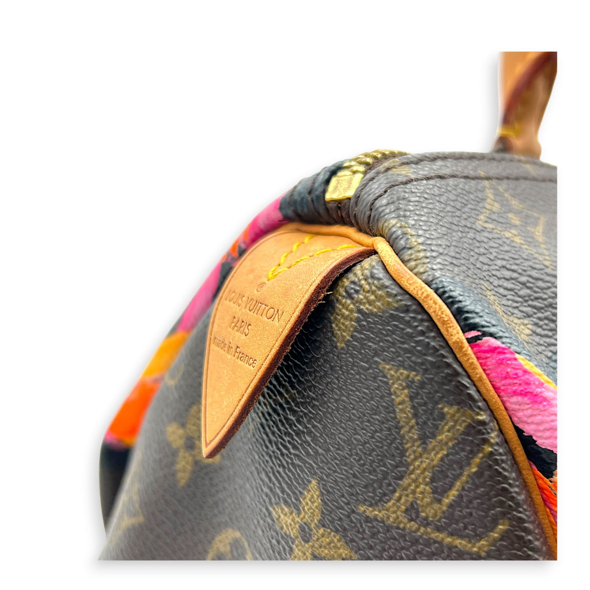 x Stephen Sprouses Roses Top Handle Bag 30 Brown in Monogram Coated Canvas, Gold hardware