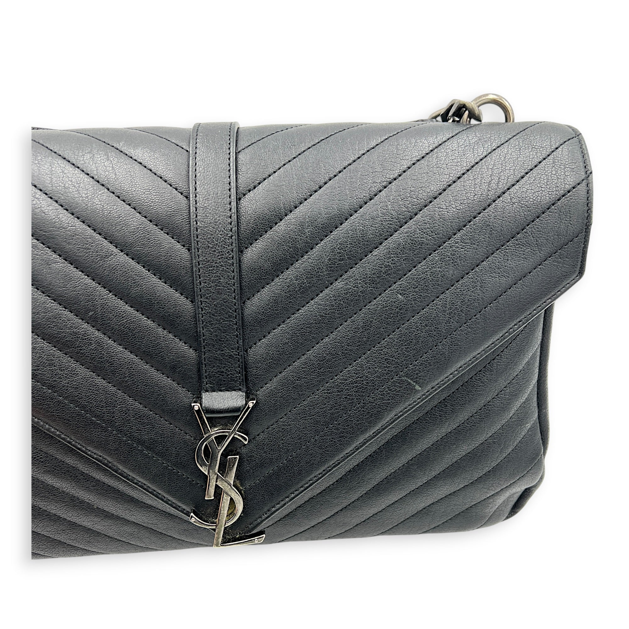 College Large Black Shoulder Bag in Calfskin, Silver hardware
