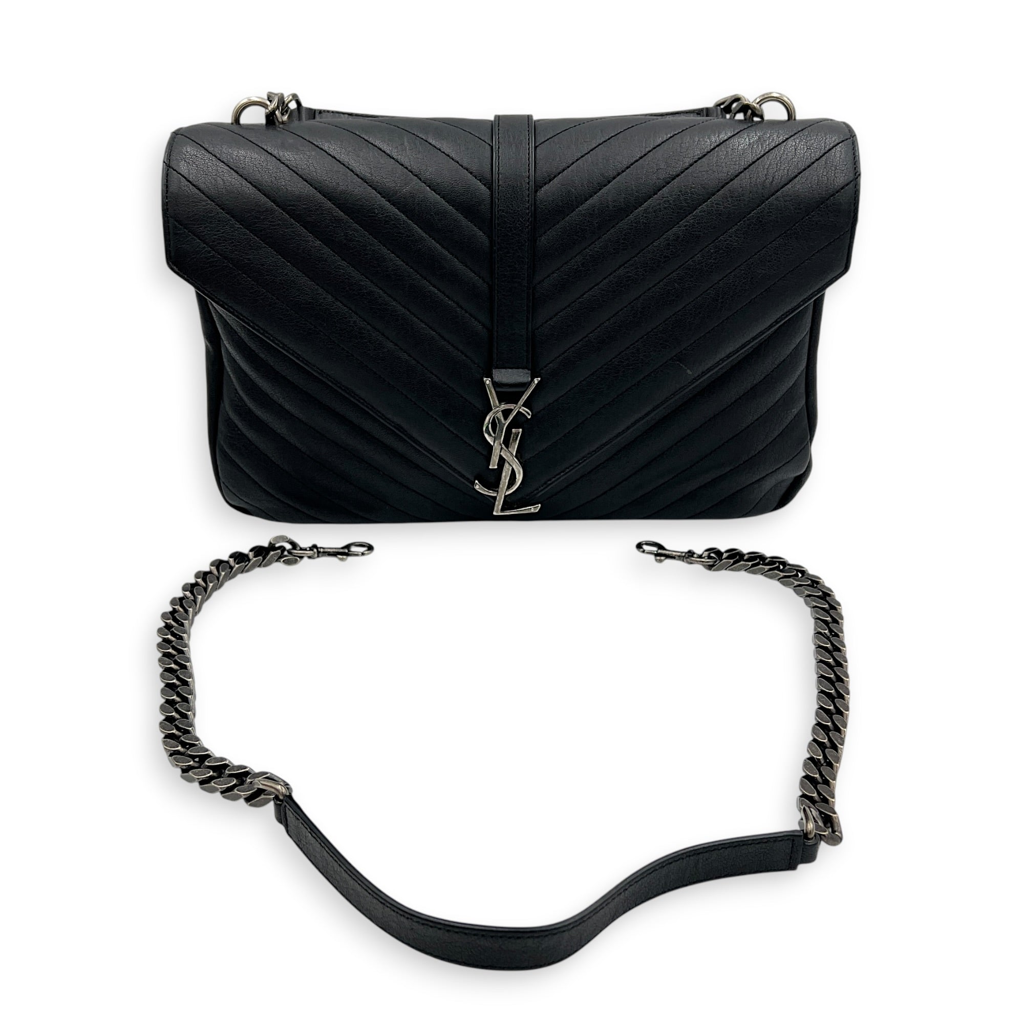 College Large Black Shoulder Bag in Calfskin, Silver hardware
