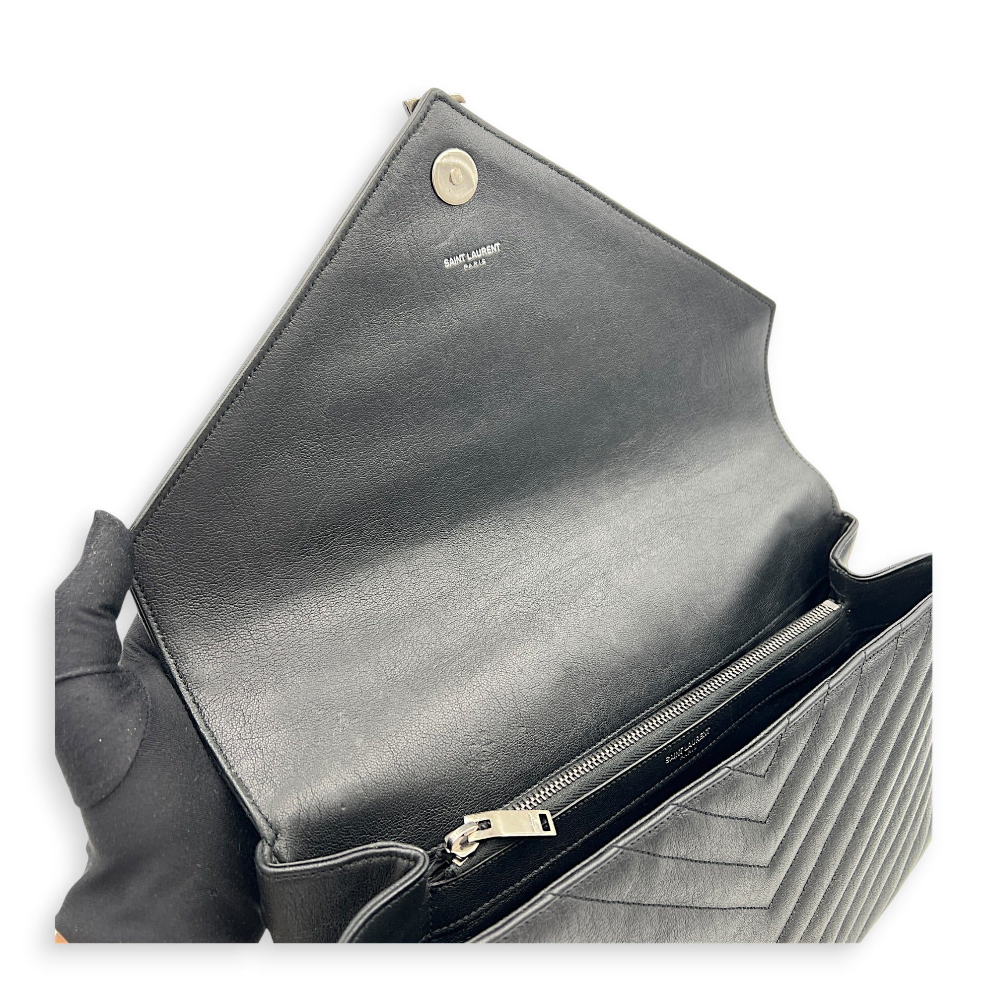 College Large Black Shoulder Bag in Calfskin, Silver hardware