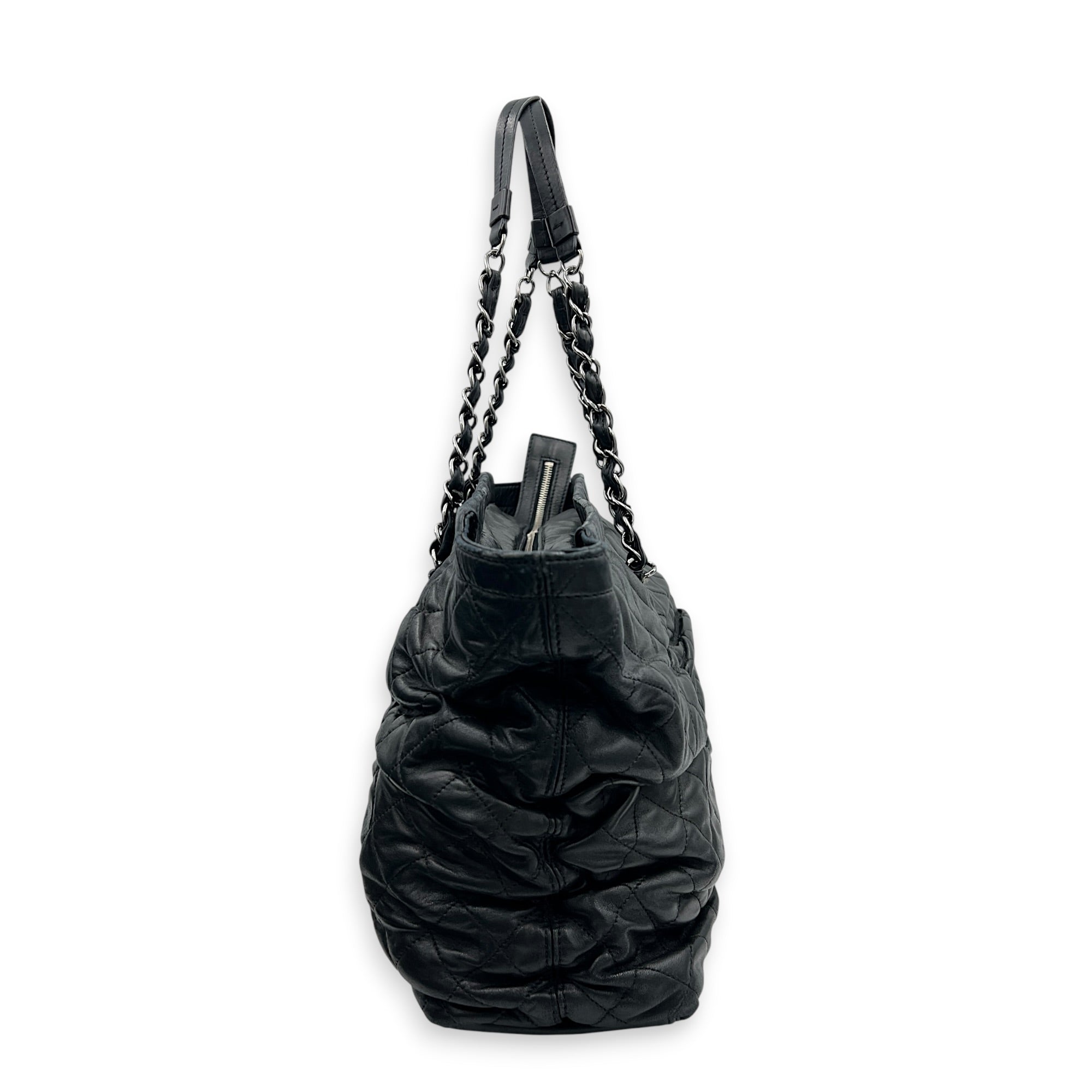 Gathered Quilted Tote Bag Black in Lambskin, Silver hardware