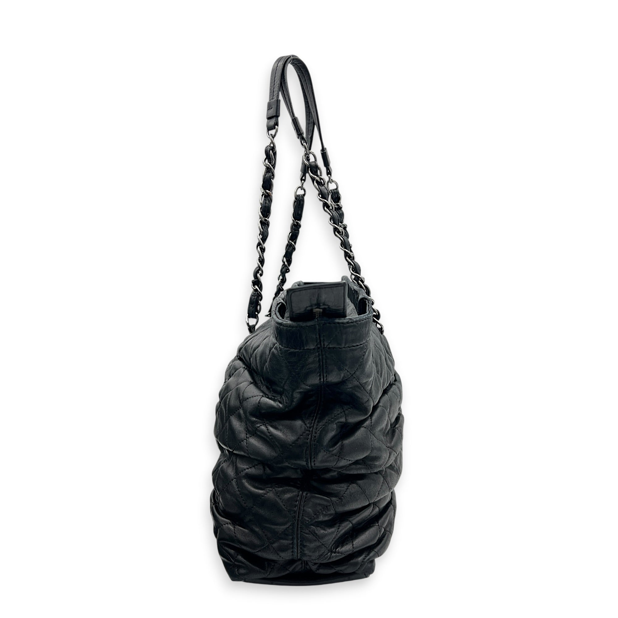 Gathered Quilted Tote Bag Black in Lambskin, Silver hardware