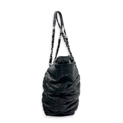 Gathered Quilted Tote Bag Black in Lambskin, Silver hardware