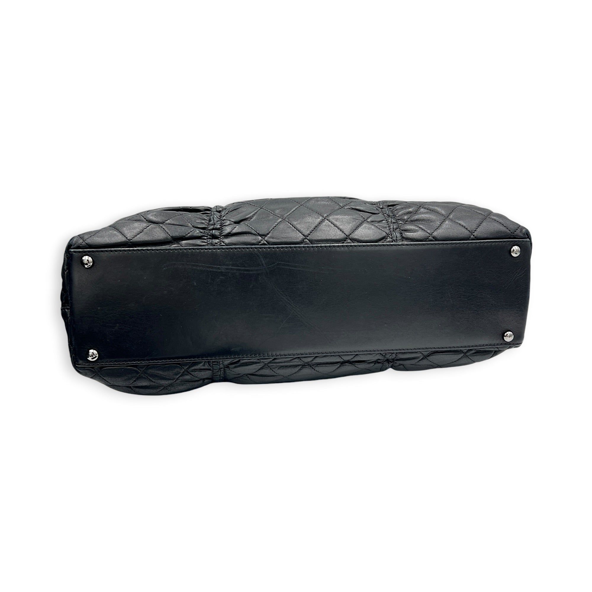 Gathered Quilted Tote Bag Black in Lambskin, Silver hardware