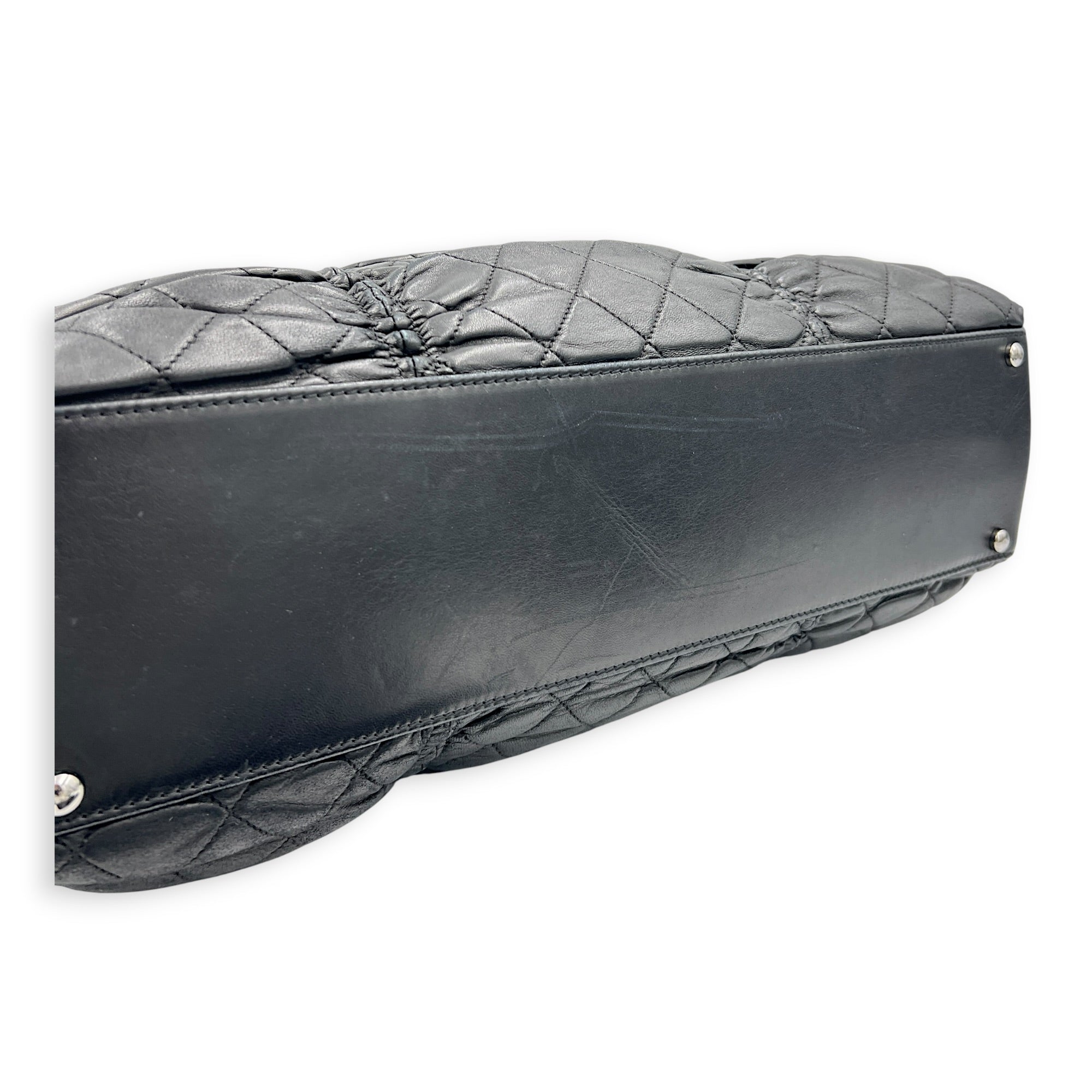 Gathered Quilted Tote Bag Black in Lambskin, Silver hardware