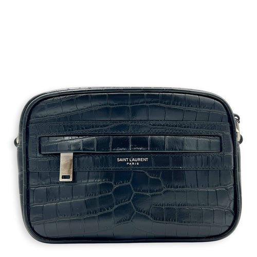 Logo Crossbody Bag Black in Crocodile Embossed Calfskin, Silver hardware