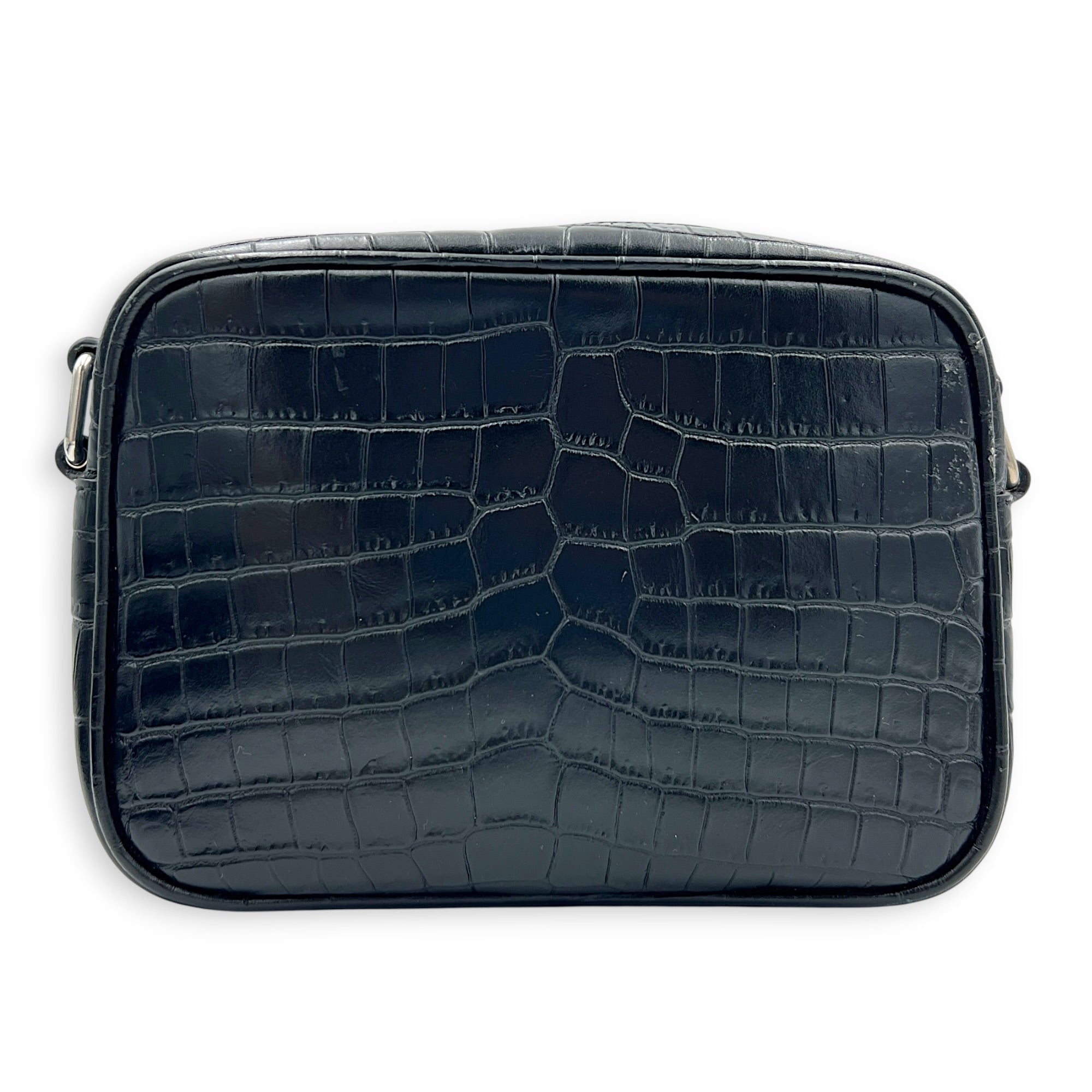 Logo Crossbody Bag Black in Crocodile Embossed Calfskin, Silver hardware