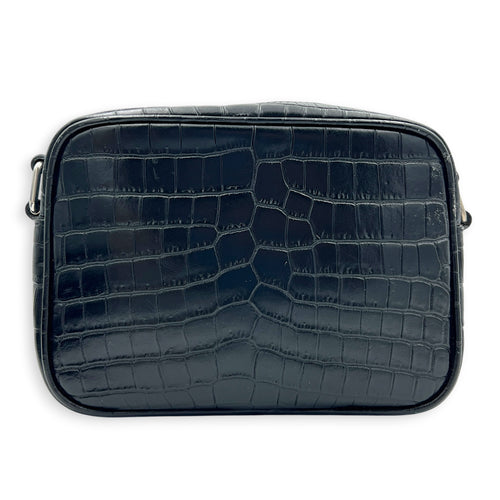 Logo Crossbody Bag Black in Crocodile Embossed Calfskin, Silver hardware
