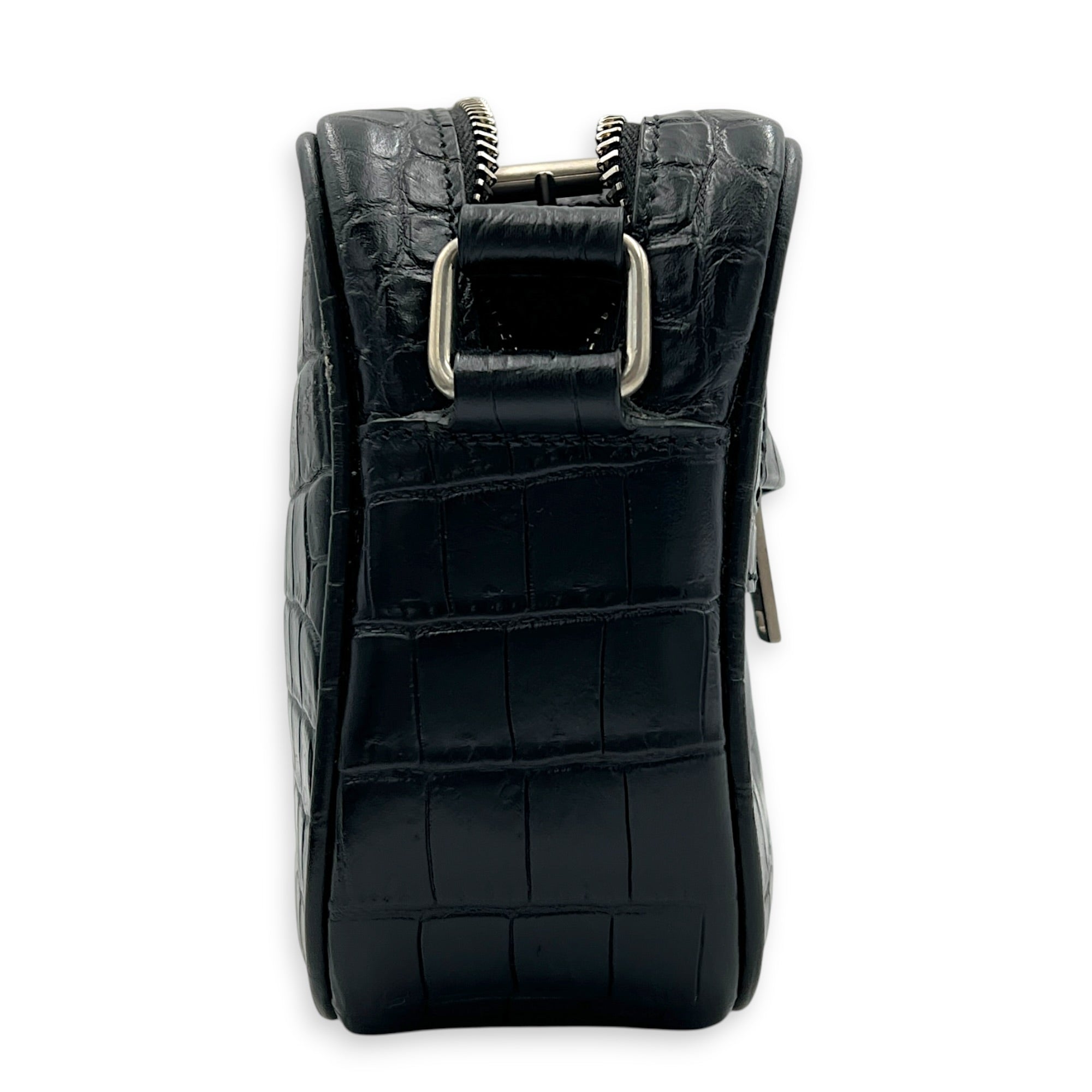 Logo Crossbody Bag Black in Crocodile Embossed Calfskin, Silver hardware