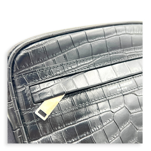 Logo Crossbody Bag Black in Crocodile Embossed Calfskin, Silver hardware
