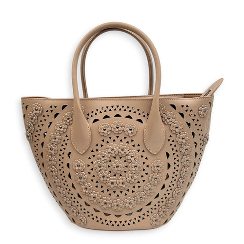 Latifa Cut Laser Top Handle Bag Beige in Calfskin, Gunmetal hardware