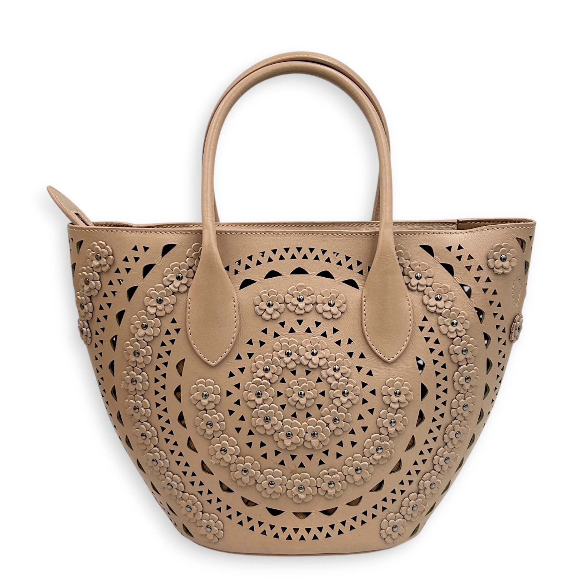 Latifa Cut Laser Top Handle Bag Beige in Calfskin, Gunmetal hardware