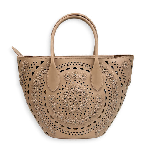 Latifa Cut Laser Top Handle Bag Beige in Calfskin, Gunmetal hardware
