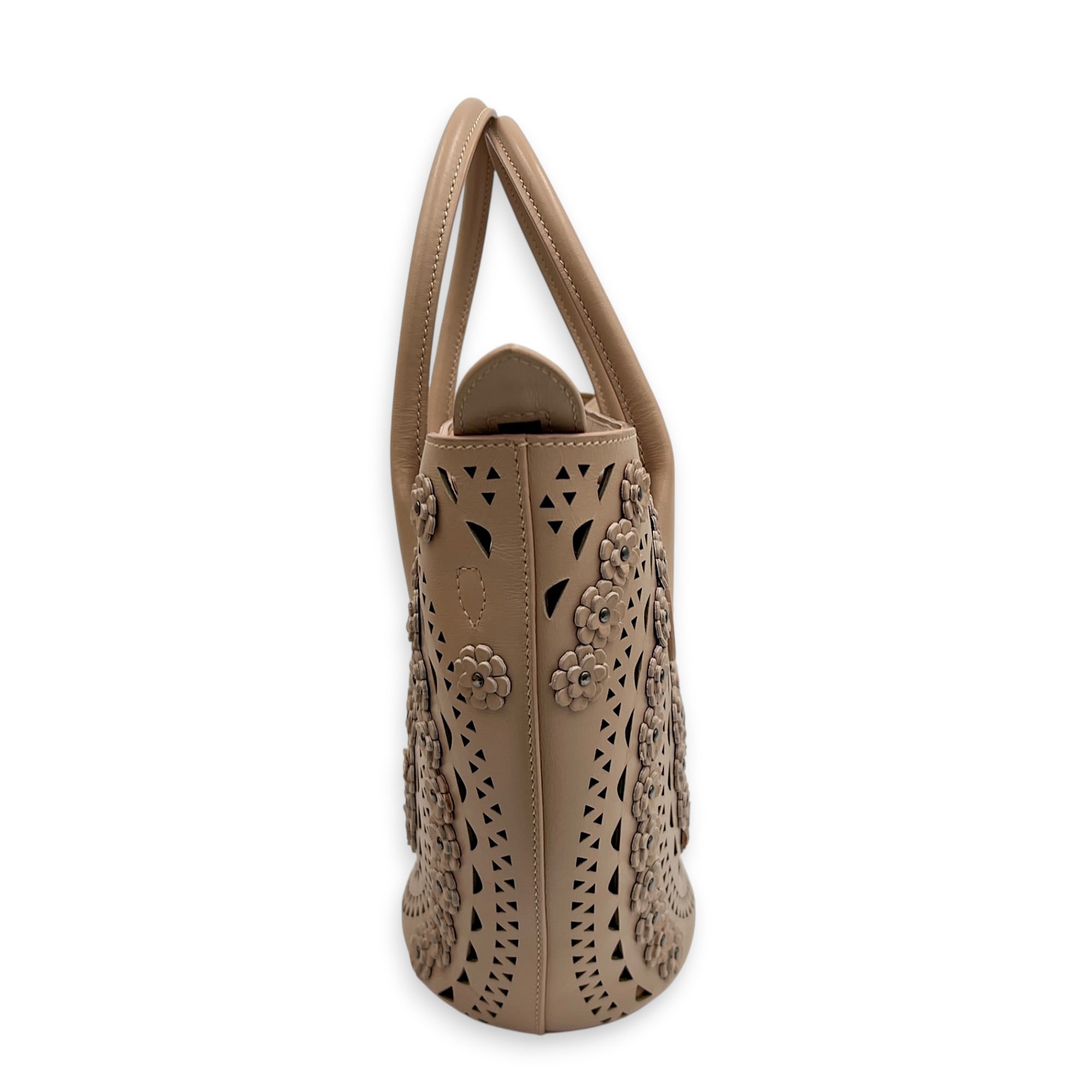 Latifa Cut Laser Top Handle Bag Beige in Calfskin, Gunmetal hardware