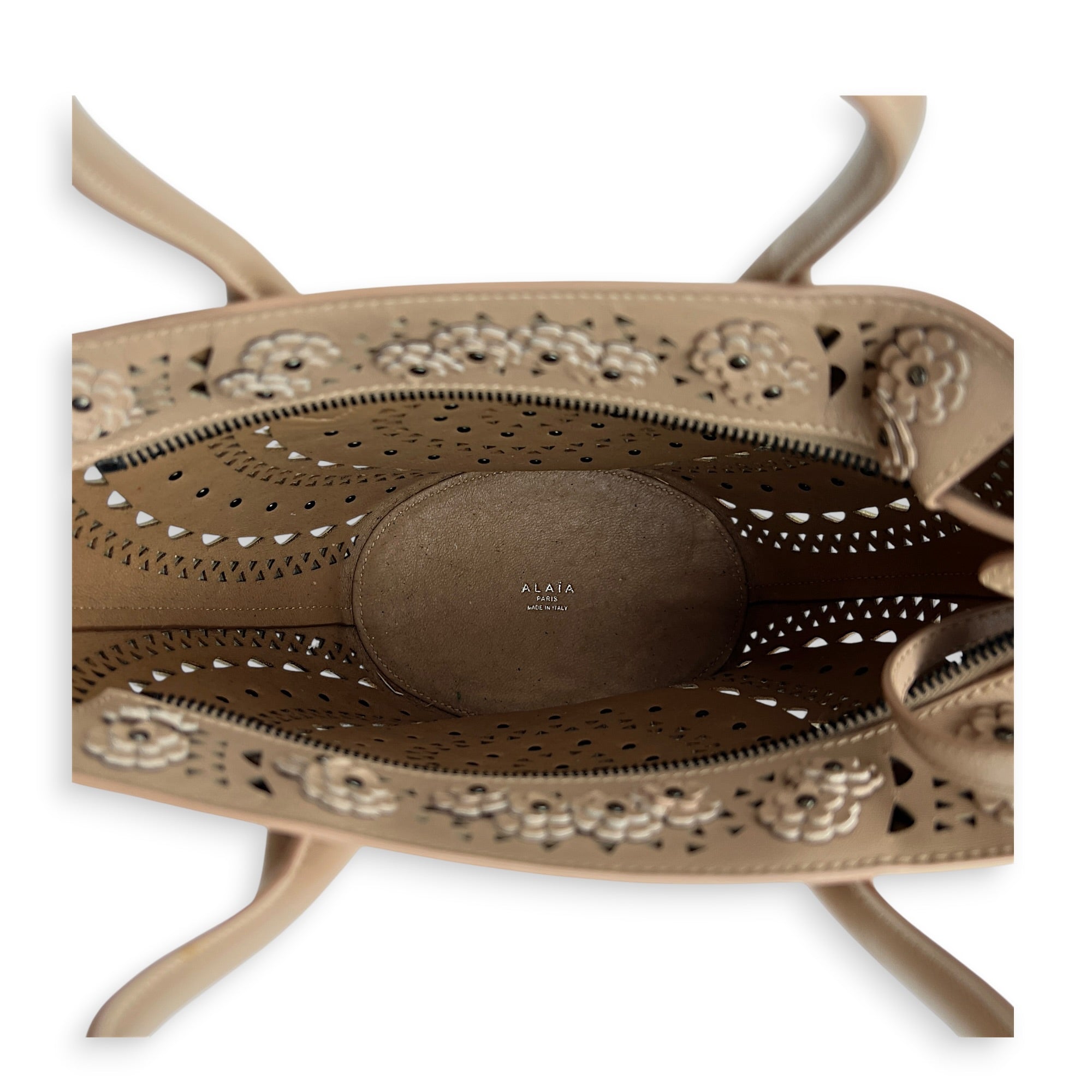 Latifa Cut Laser Top Handle Bag Beige in Calfskin, Gunmetal hardware