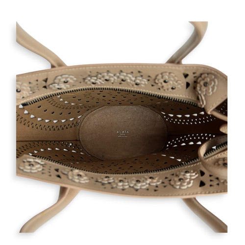 Latifa Cut Laser Top Handle Bag Beige in Calfskin, Gunmetal hardware