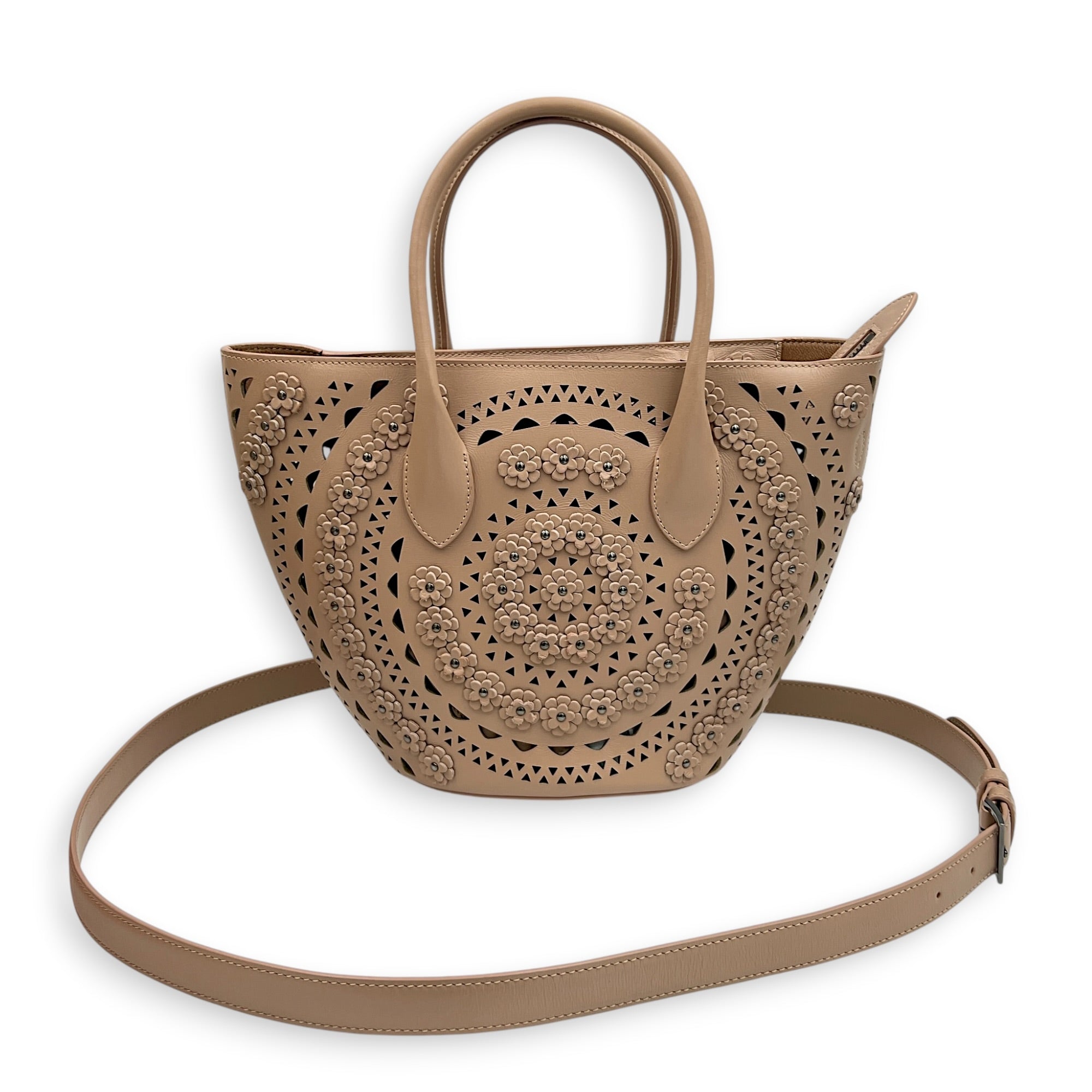 Latifa Cut Laser Top Handle Bag Beige in Calfskin, Gunmetal hardware