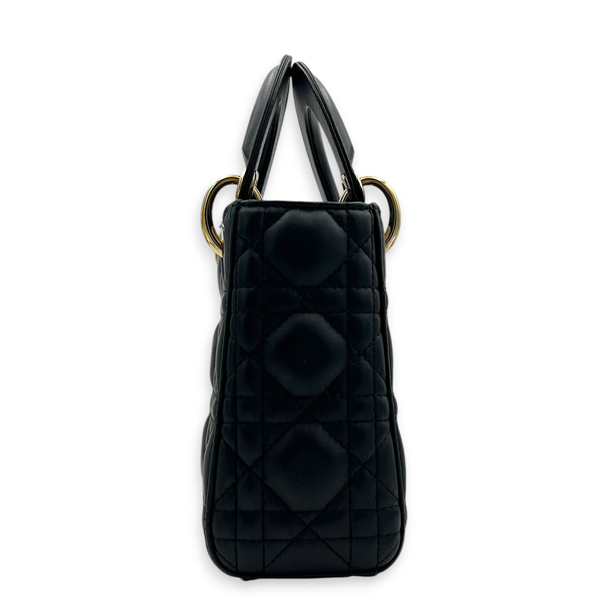 Lady Dior Top Handle Bag Mini Black in Lambskin, Guilloche hardware