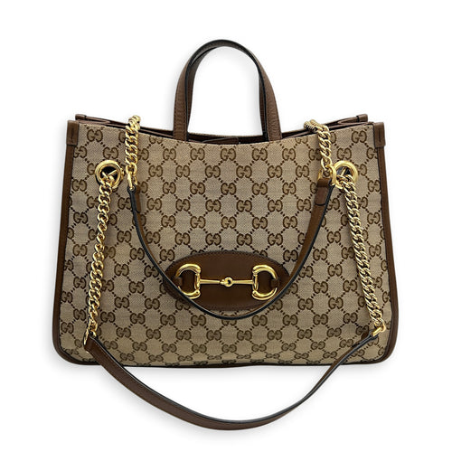 Horsebit 1955 Shoulder Bag Brown in Canvas, Gold hardware