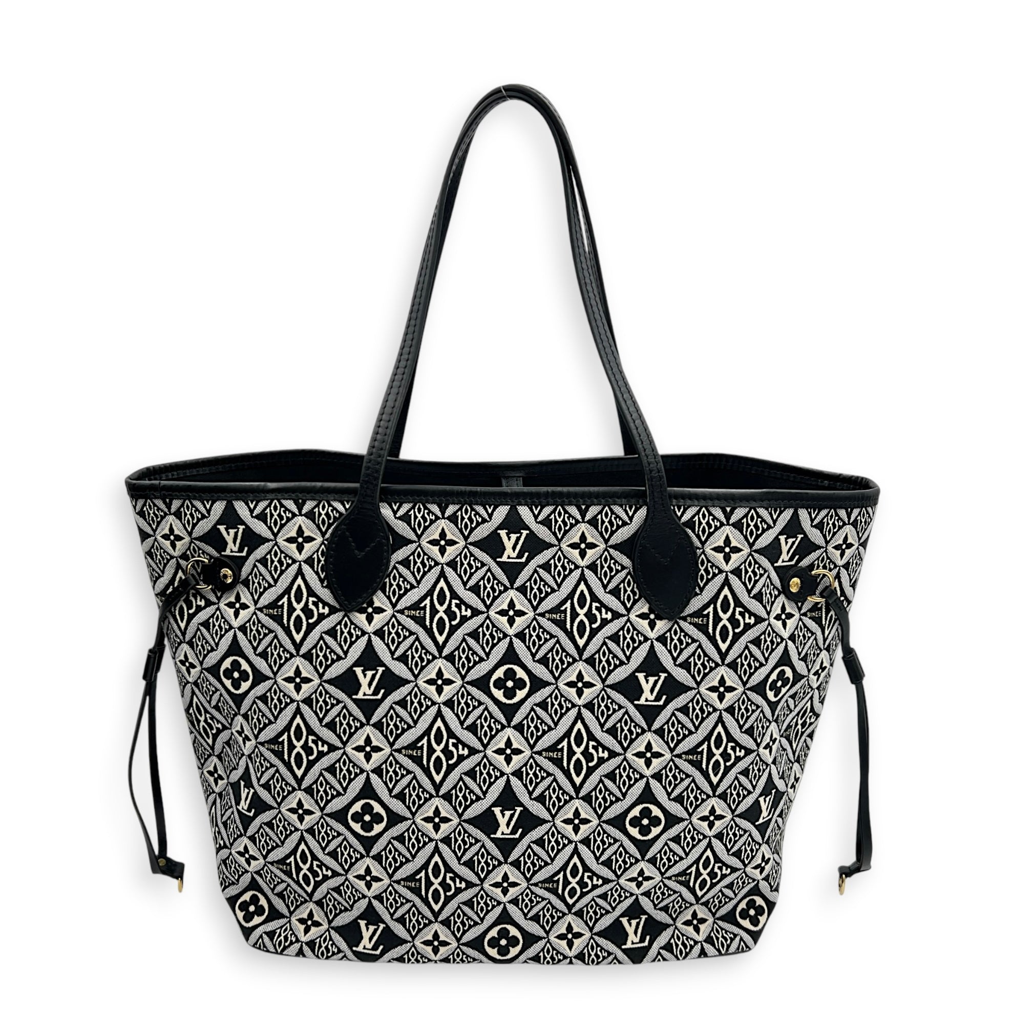 Neverfull MM Black Tote Bag in Jacquard, Gold hardware