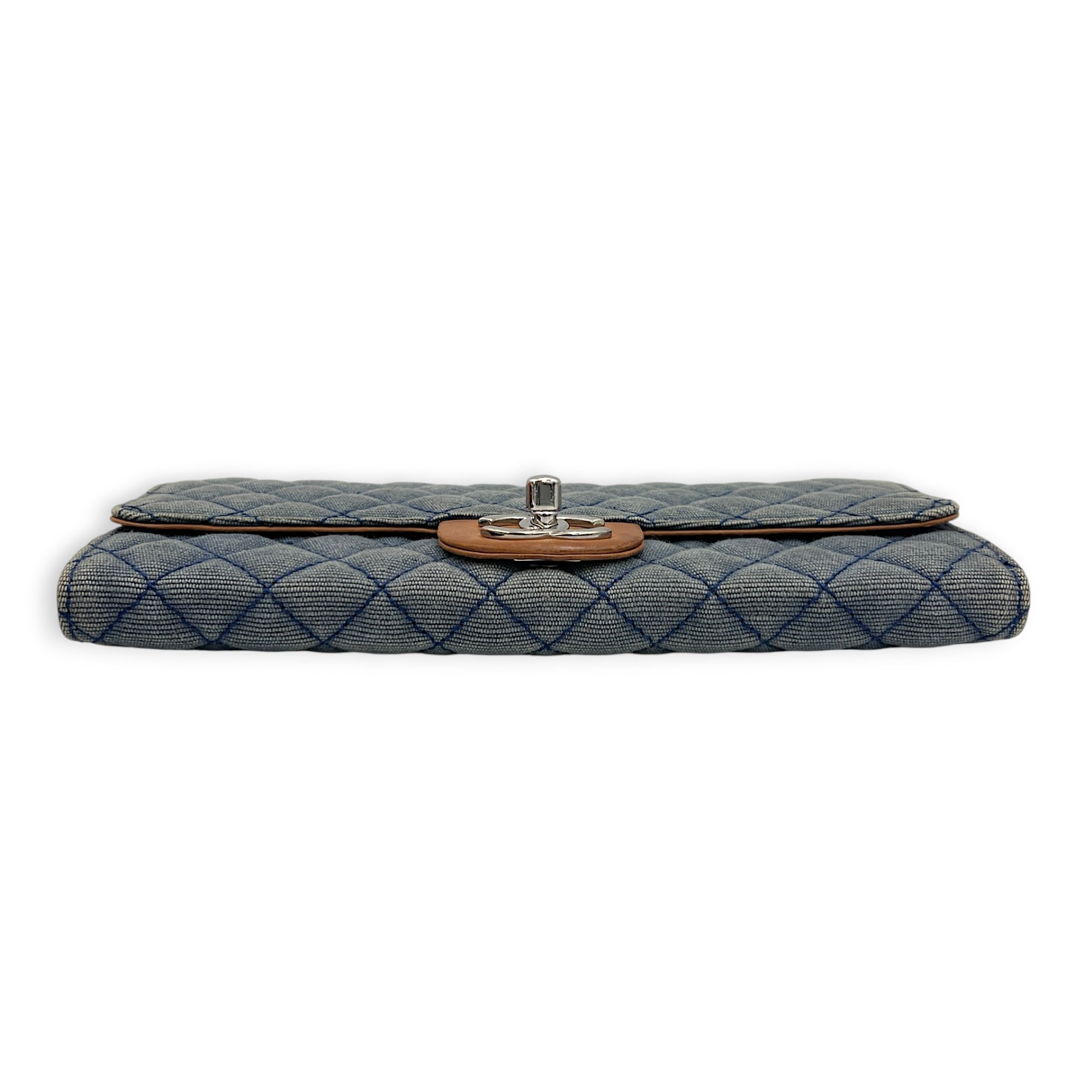CC Flap Wallet On Chain Blue in Denim, Silver hardware