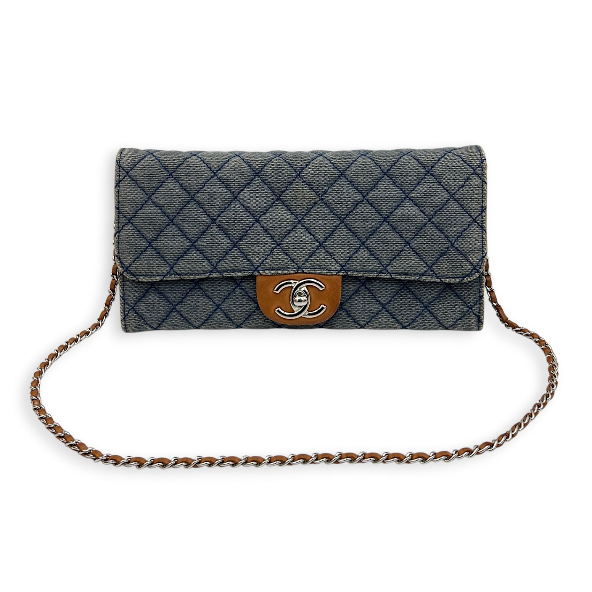 CC Flap Wallet On Chain Blue in Denim, Silver hardware
