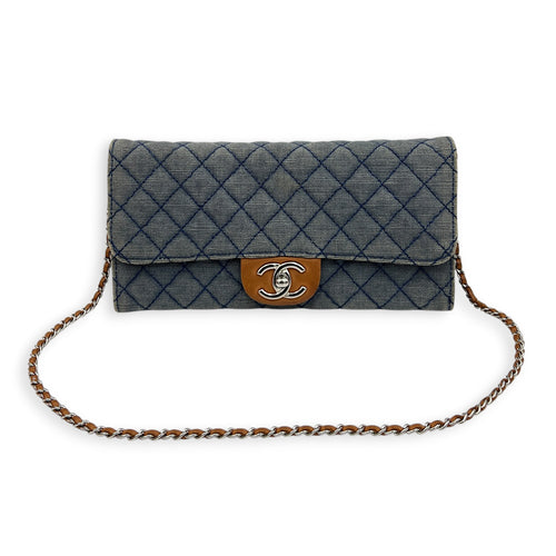 CC Flap Wallet On Chain Blue in Denim, Silver hardware