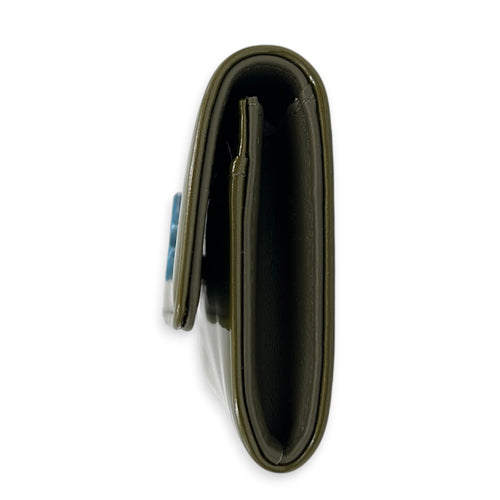 Logo Card Holder Green in Patent Leather, Silver hardware