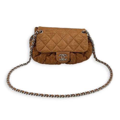 Chain Around Shoulder Bag Brown in Lambskin, Silver hardware