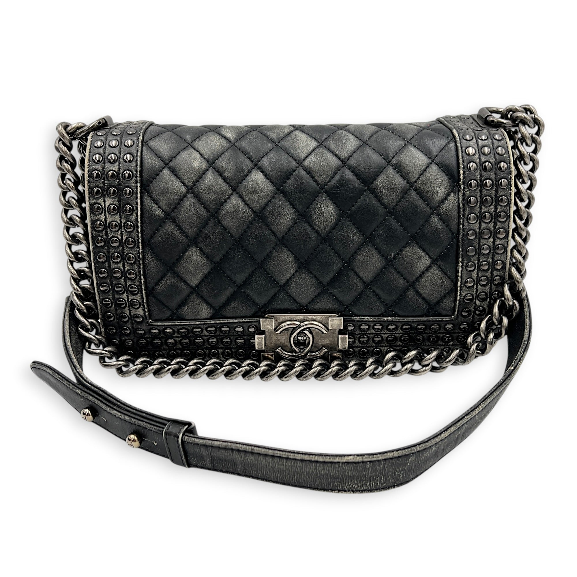 Boy Shoulder Bag Black in Calfskin, Ruthenium hardware