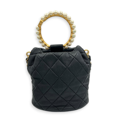 Pearl Handle Black Top Handle Bag in Lambskin, Gold hardware