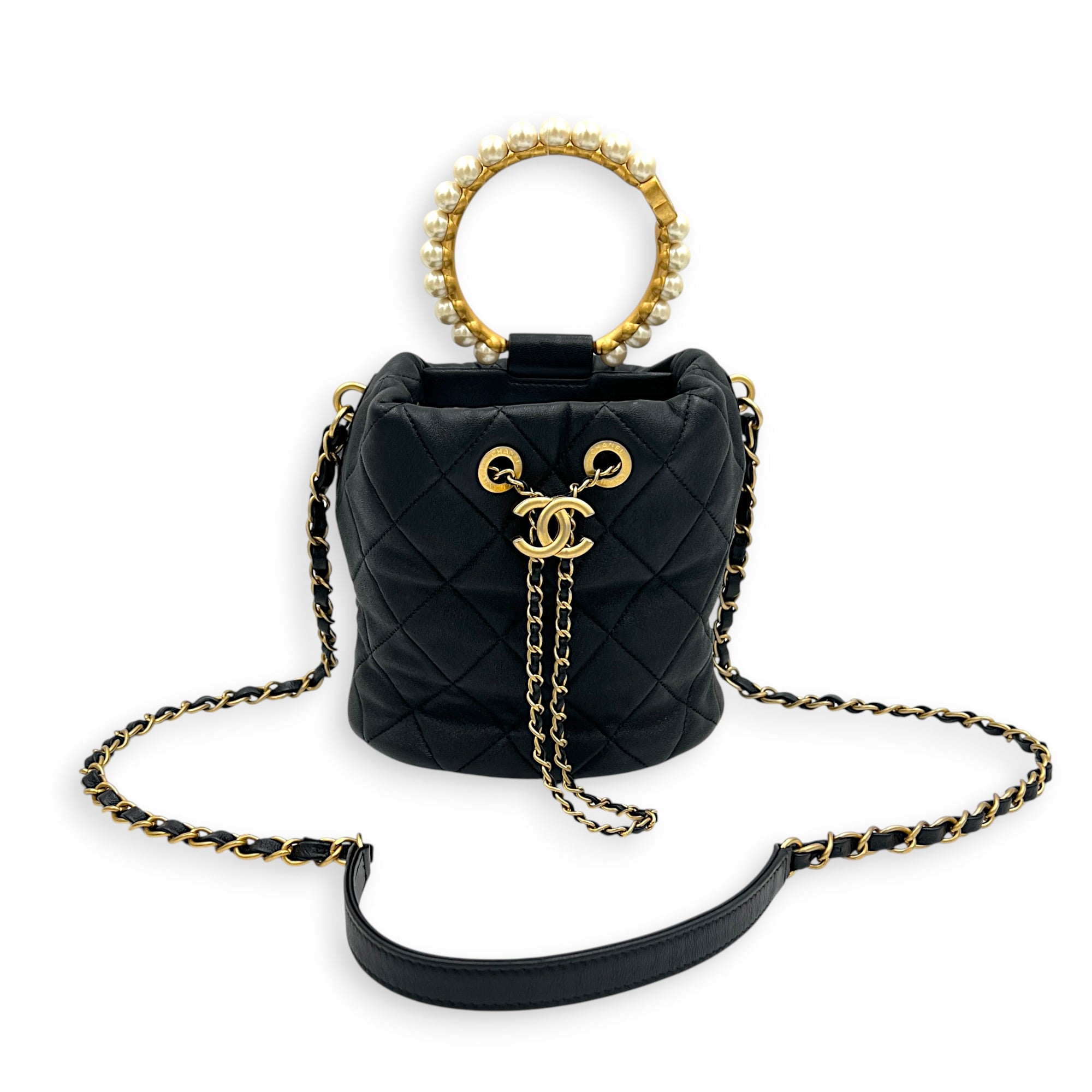 Pearl Handle Black Top Handle Bag in Lambskin, Gold hardware