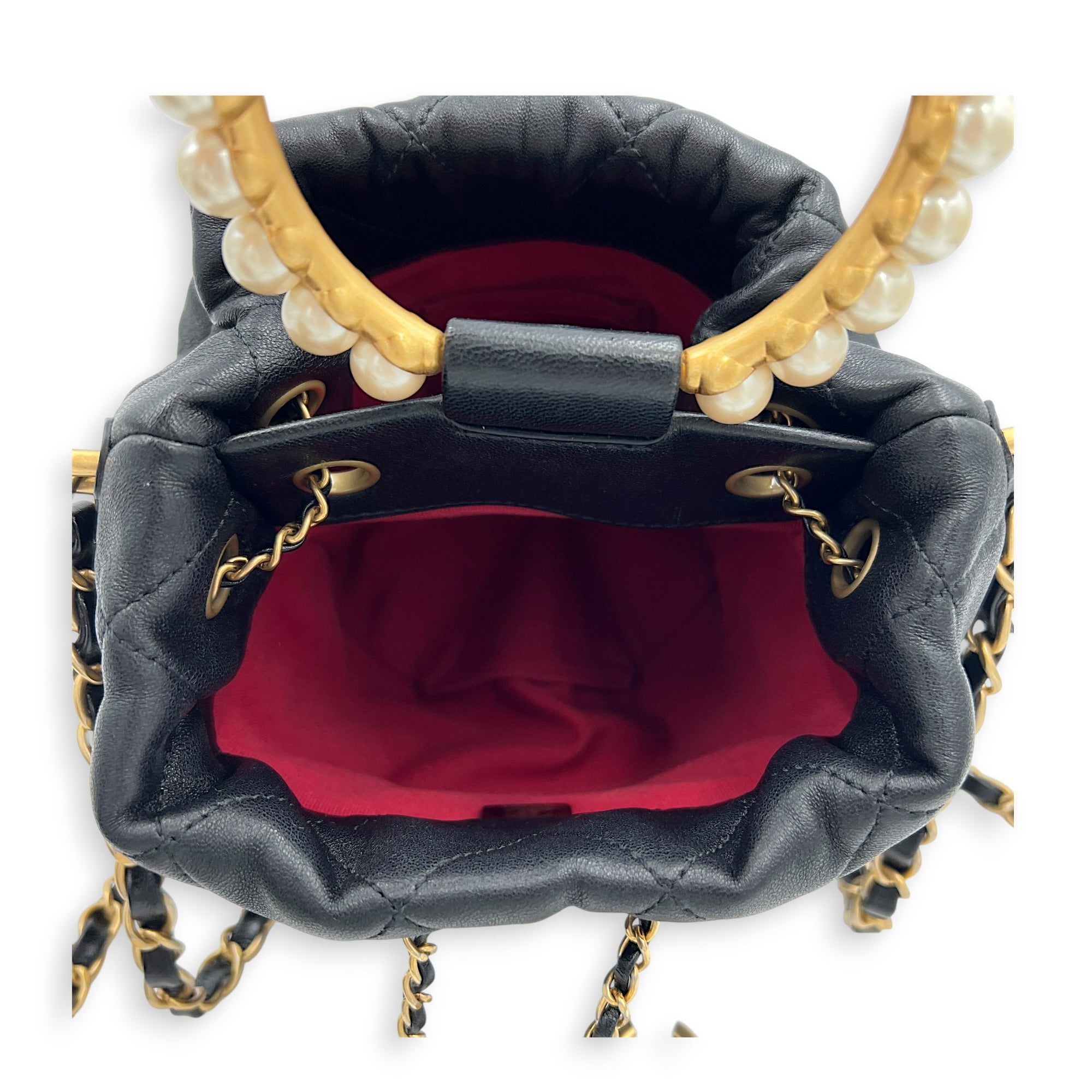 Pearl Handle Black Top Handle Bag in Lambskin, Gold hardware
