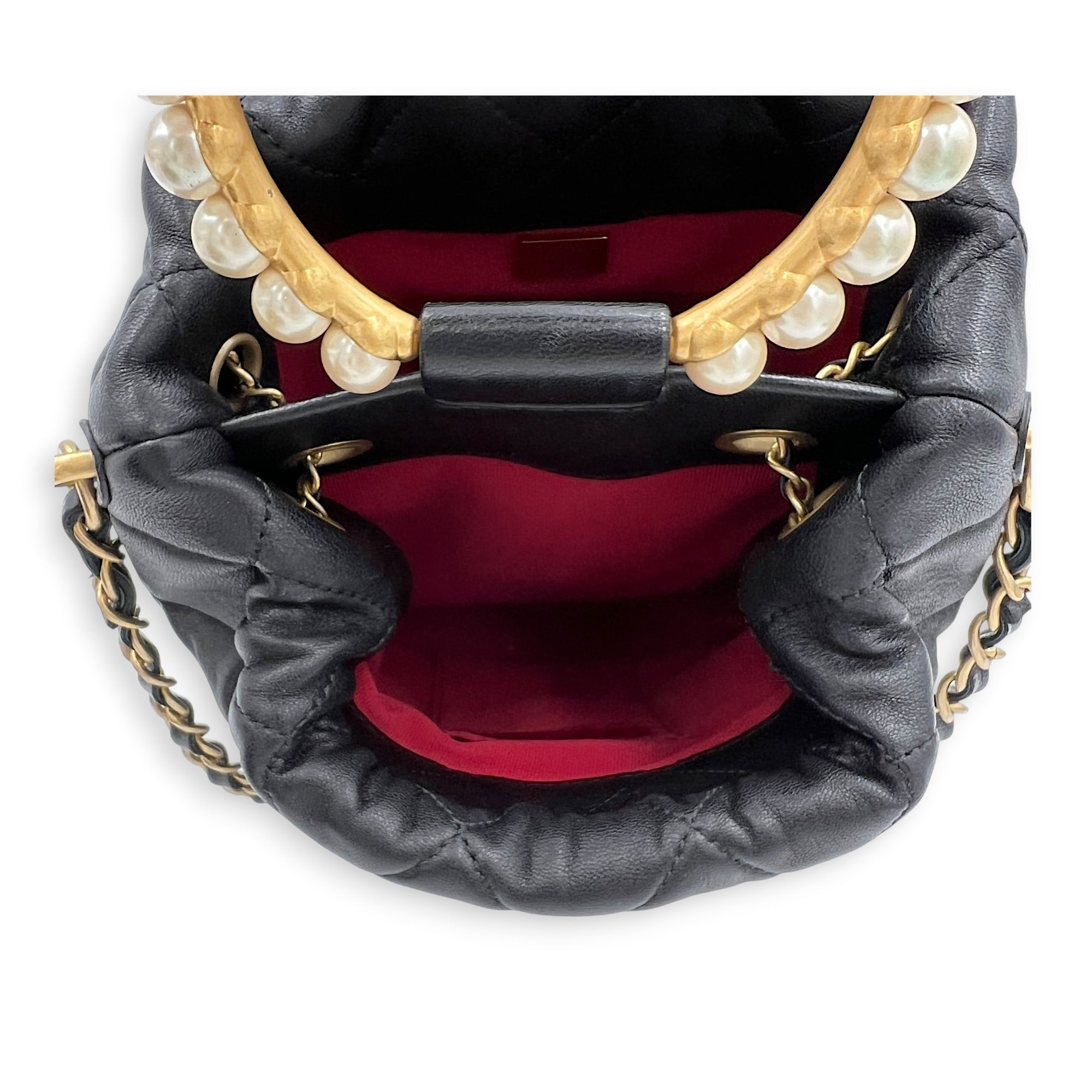 Pearl Handle Black Top Handle Bag in Lambskin, Gold hardware