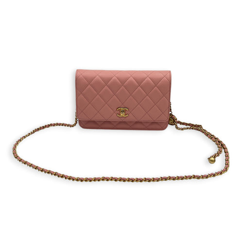 CC Pearl Crush Wallet On Chain Pink in Lambskin, Gold hardware