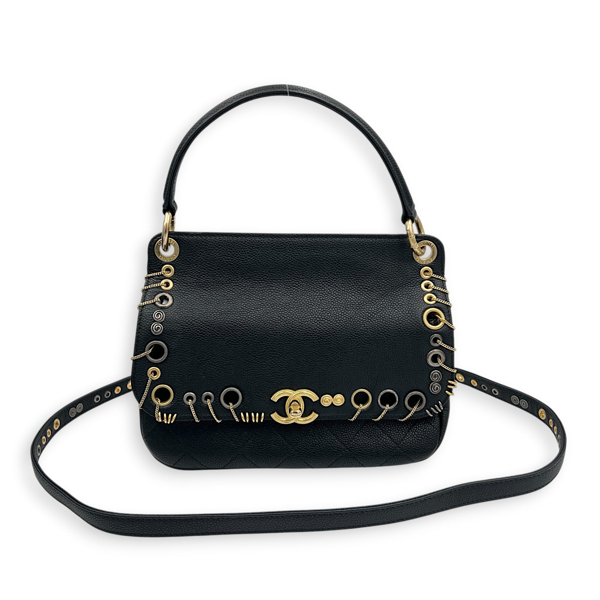 Piercing Chic Flap Top Handle Bag Black in Caviar Leather, Mixed hardware