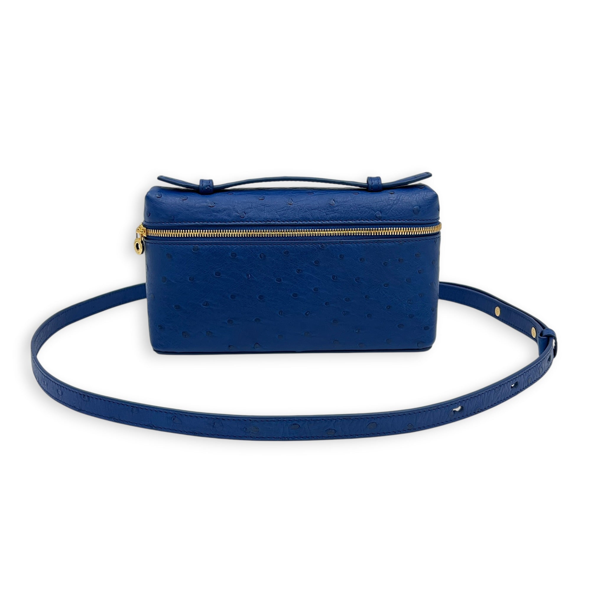 Extra Pocket L19 Blue Shoulder Bag in Ostrich, Gold hardware