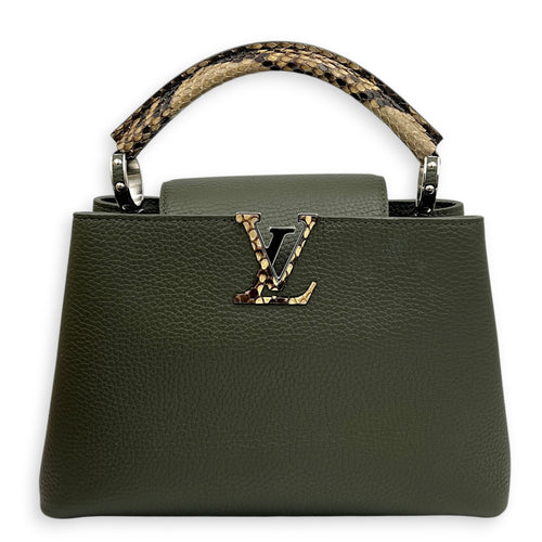 Capucines Top Handle Bag Green in Taurillon Leather with Python, Silver hardware