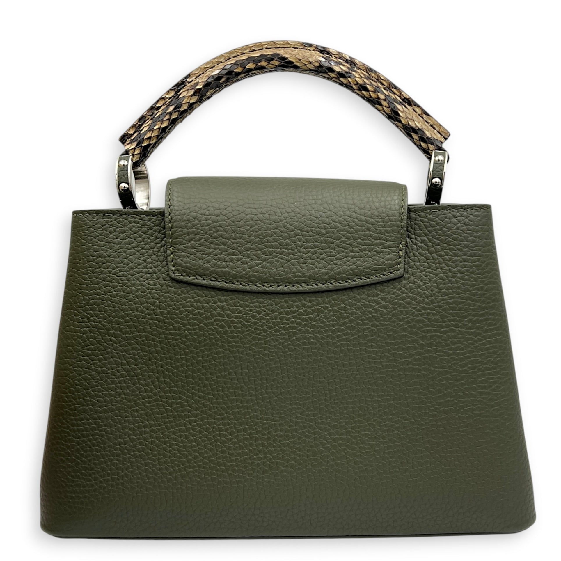 Capucines Top Handle Bag Green in Taurillon Leather with Python, Silver hardware