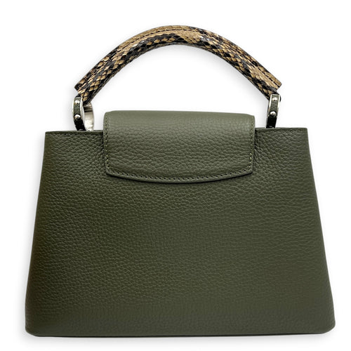Capucines Top Handle Bag Green in Taurillon Leather with Python, Silver hardware