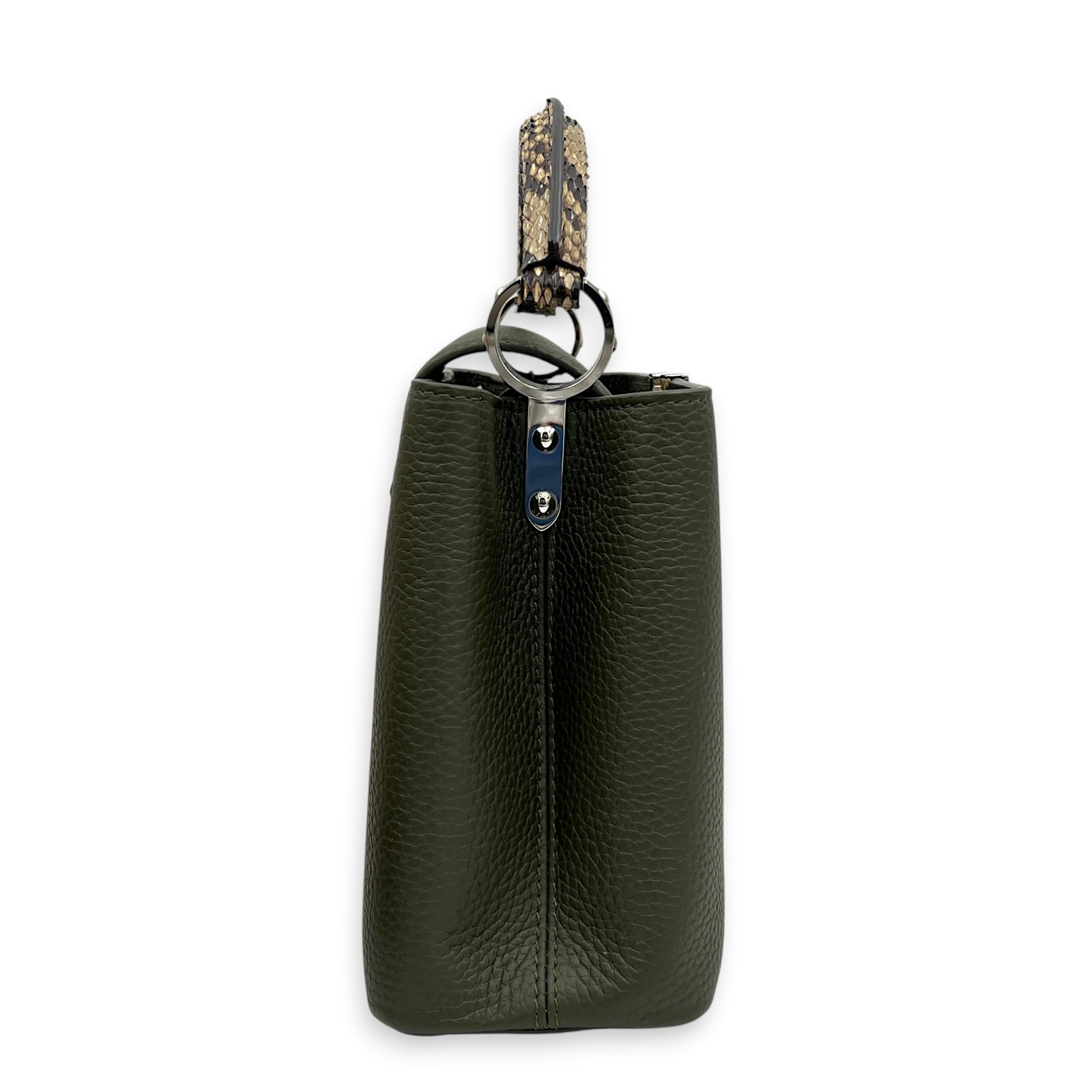 Capucines Top Handle Bag Green in Taurillon Leather with Python, Silver hardware