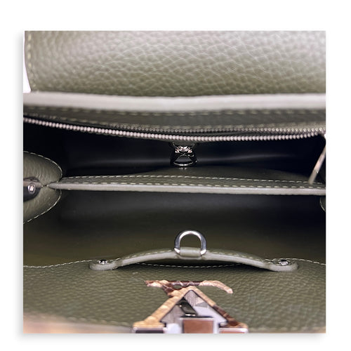 Capucines Top Handle Bag Green in Taurillon Leather with Python, Silver hardware