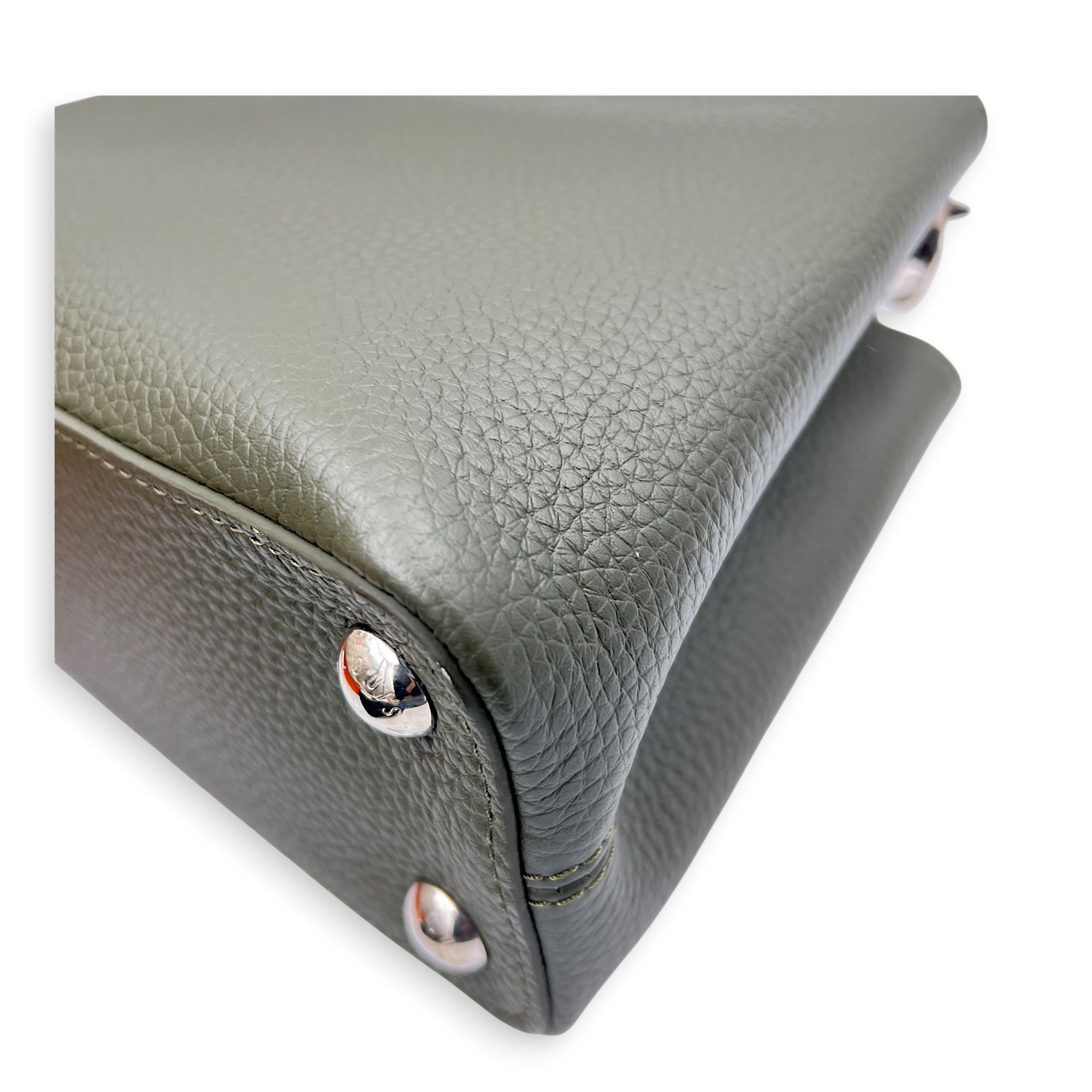 Capucines Top Handle Bag Green in Taurillon Leather with Python, Silver hardware