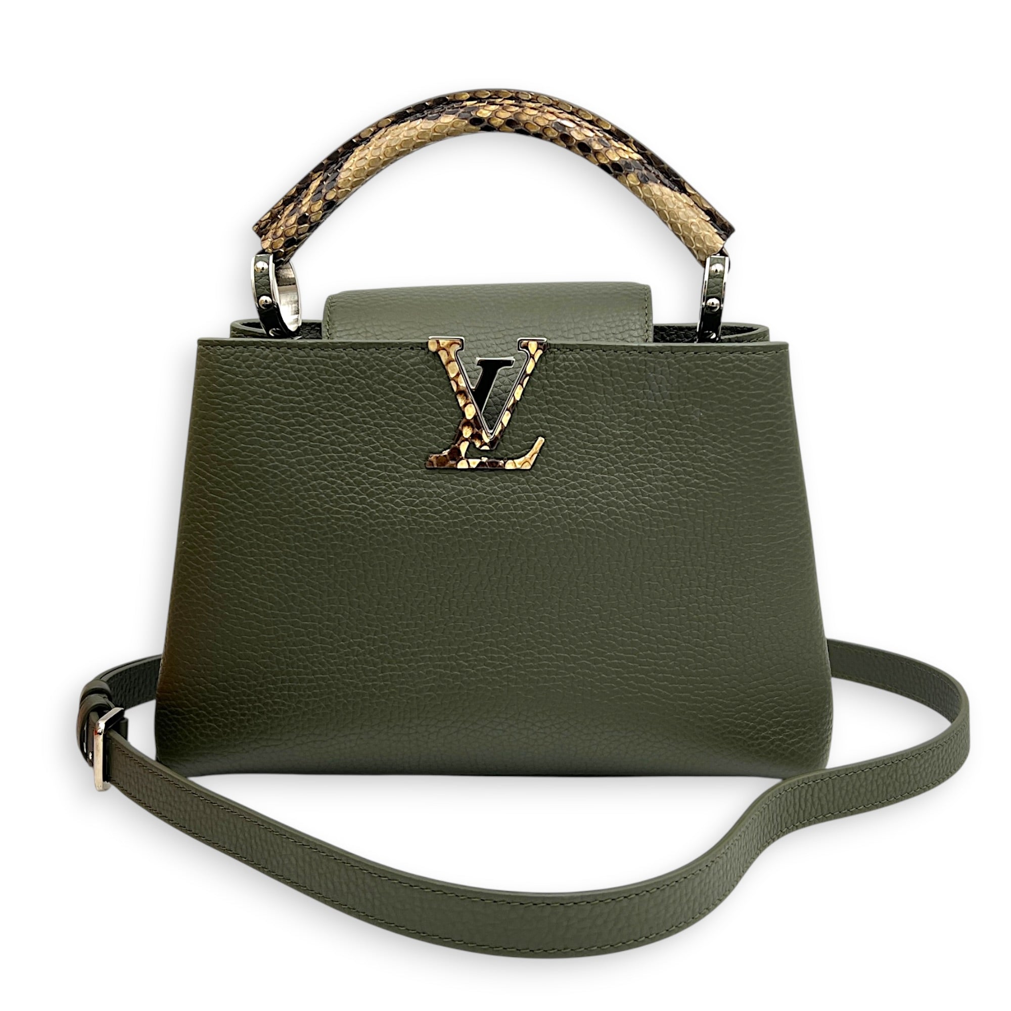 Capucines Top Handle Bag Green in Taurillon Leather with Python, Silver hardware