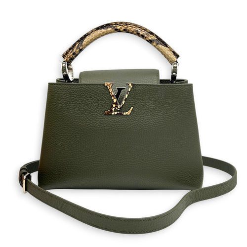 Capucines Top Handle Bag Green in Taurillon Leather with Python, Silver hardware