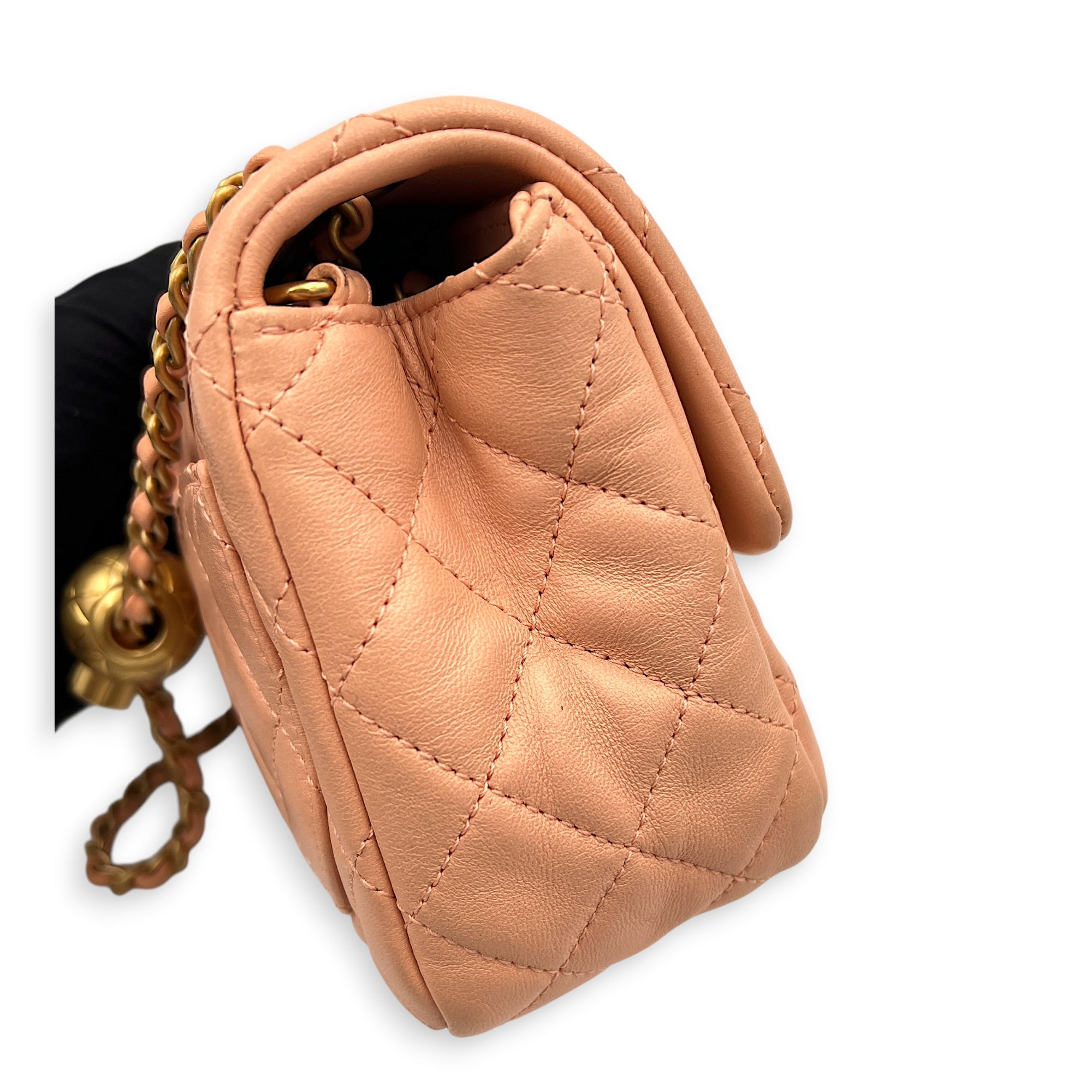 Pearl Crush Square Shoulder Bag Beige in Lambskin, Gold hardware