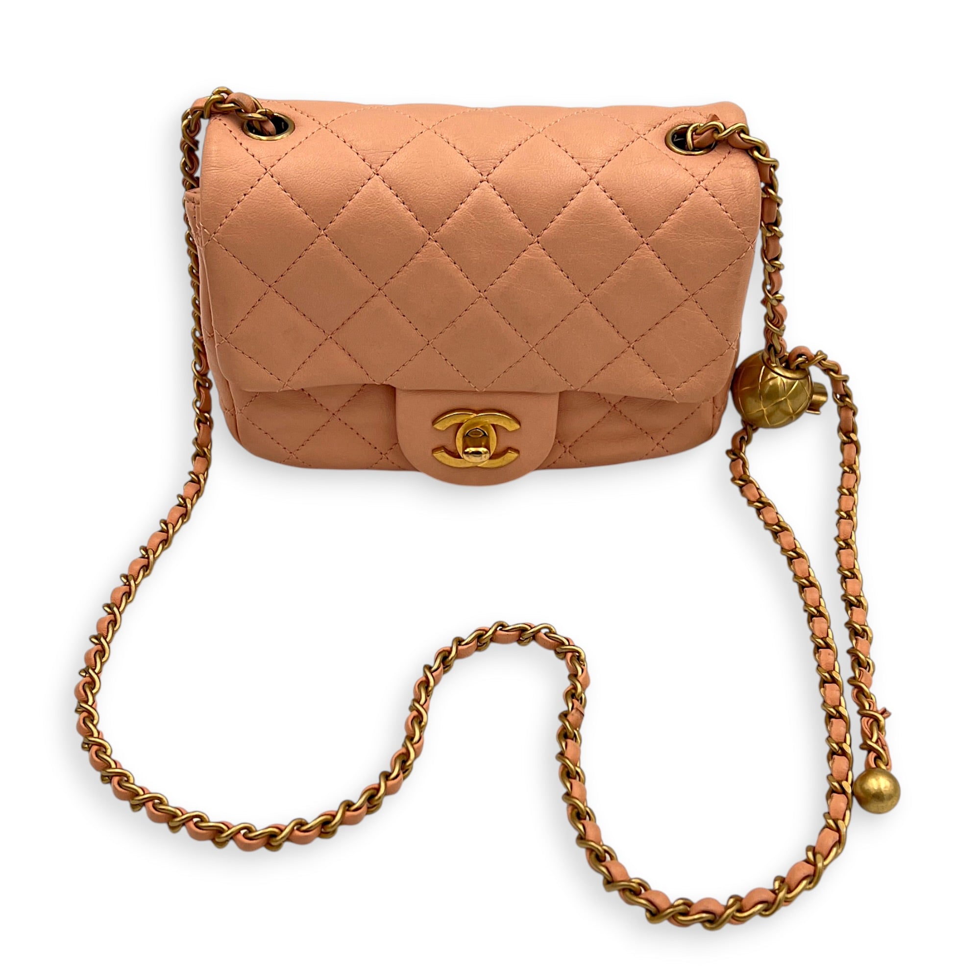 Pearl Crush Square Shoulder Bag Beige in Lambskin, Gold hardware