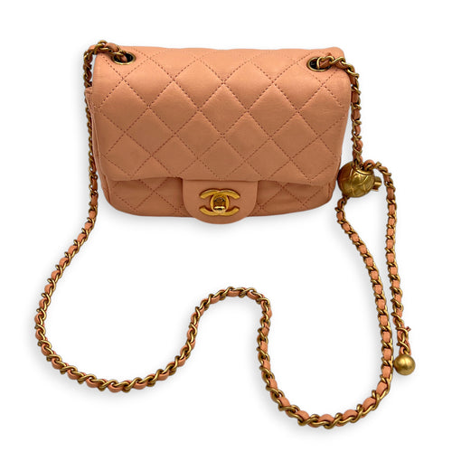 Pearl Crush Square Shoulder Bag Beige in Lambskin, Gold hardware
