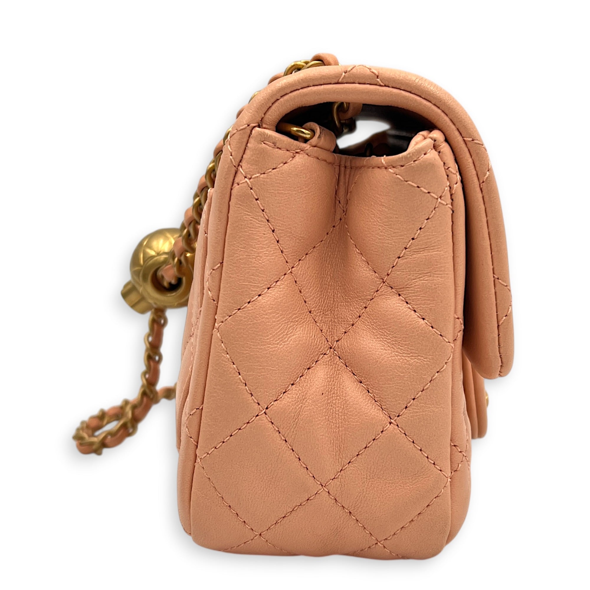 Pearl Crush Square Shoulder Bag Beige in Lambskin, Gold hardware
